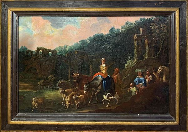 Nicolaes Pietersz Berchem - Scena pastorale con personaggi ed armenti