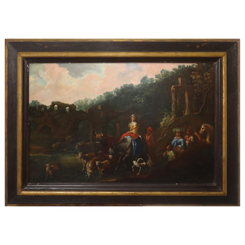 Scena pastorale con personaggi ed armenti