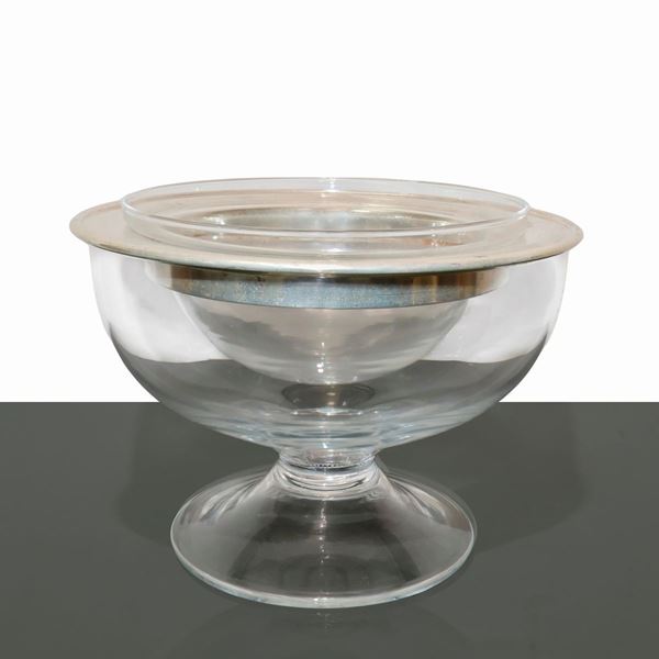 Transparent glass oyster holder with silver rim