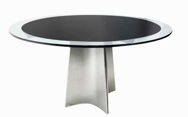 Production Arrmet, drawing by Saccardo Luigi, UFO model. Table with brushed steel frame. Years â € 70s, details in black lacquered metal, ...