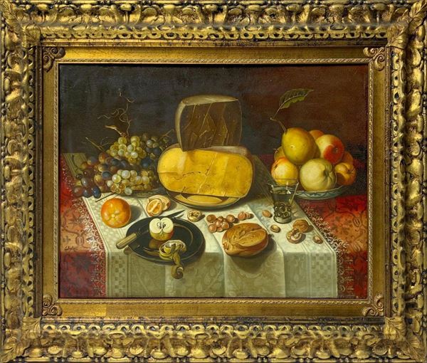 Oil painting on canvas still life of fruit and cheese. Signed on the lower left Calzolari. Cm 49,5x70. Measures framed 79x98 cm