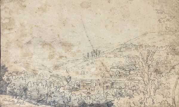  Disegno a matita su carta  raffigurante veduta di Napoli, Scuola di Posillipo, XIX sec. 332x208 mm