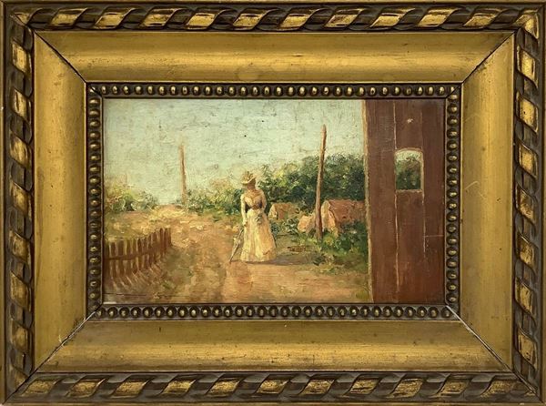 Oil painting on wood depicting rural road with lady. XIX, XX century. Cm 11x18. In gilt frame 19x26 cm.