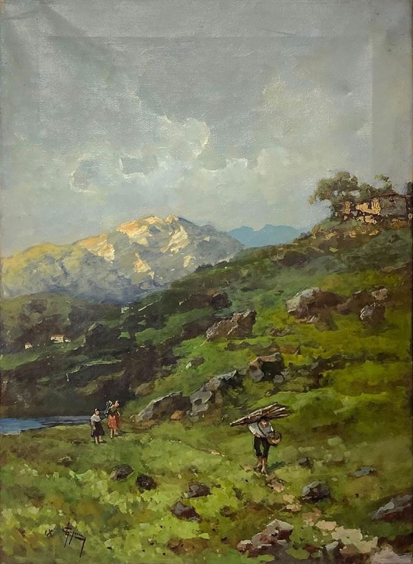 Dipinto ad olio su tela raffigurante paesaggio montano con personaggi, inizi XIX secolo. Cm 65x45. Datato IX (1930) e firmato in basso a sinistra 