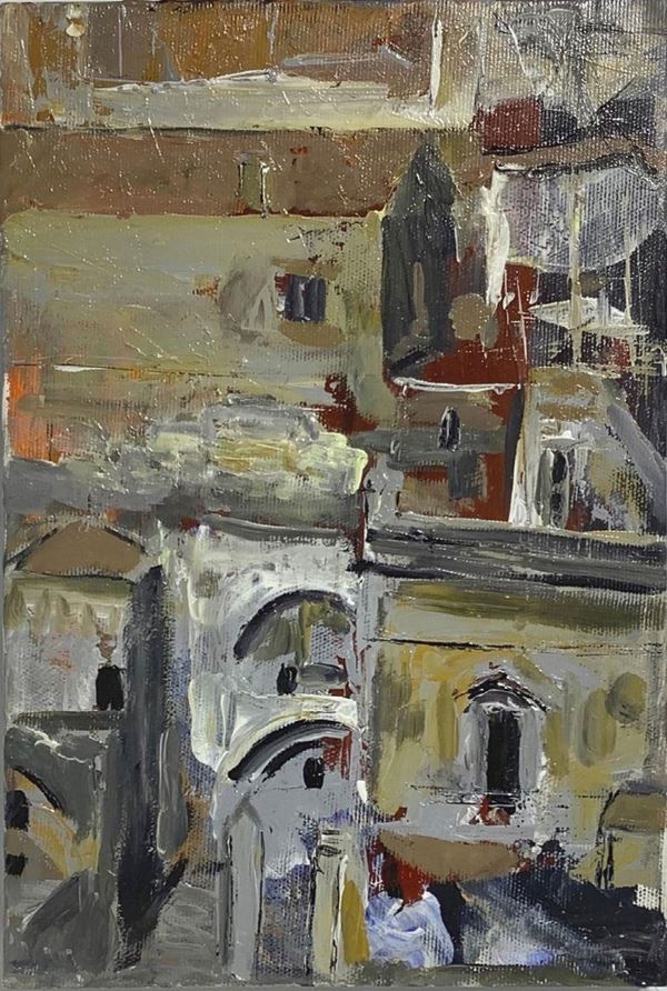 Dipinto ad acrilico su tela raffigurante Matera “I sassi”. Cm 40x30. Firmato sul retro Salvatore Bonajuto. Salvatore Bonajuto nasce a Catania nel 1963, alla fine degli anni Settanta, partecipa alle sue prime esposizioni collettive con lavori a carboncino e con opere pittoriche a partire dagli anni Ottanta. Negli anni Novanta vince un premio durante un'estemporanea di pittura organizzata dal Comune   di   Mascalucia (CT)  ed   una sua opera viene acquisita dal Comune stesso. Nel 2001 restaura e