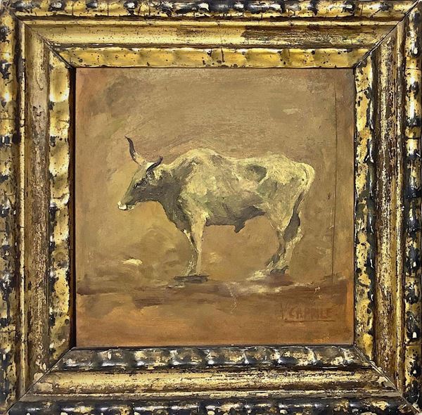 Dipinto ad olio su cartone raffigurante toro. Vincenzo Caprile (Napoli, 1856- Napoli, 1936). Cm 16x16. Firmato in basso a destra V. Caprile. Uno dei più noti rappresentanti del realismo della pittura italiana, dipinto ispirato alla tecniche del Palizzi.