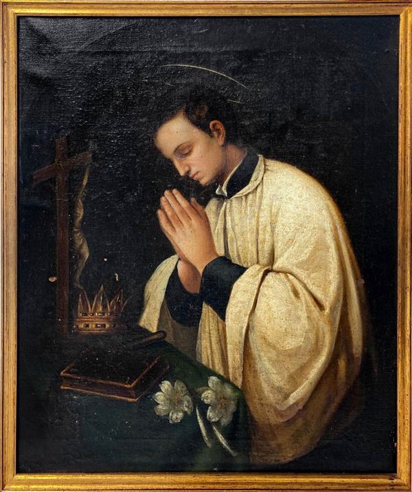 Dipinto ad olio su tela raffigurante San Luigi Gonzaga con angeli in preghiera, fine XVIII secolo. Cm 54x45. Piccoli fori sulla tela.
