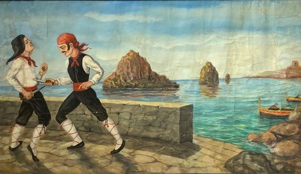 Gouache su carta raffigurante duello rusticano nei pressi di Acitrezza. XX secolo. Cm 120x67.