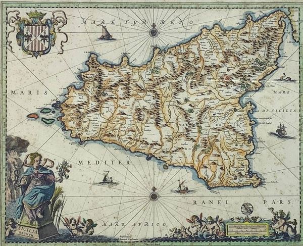 A rare etching of "Sicilia Regnum" 340x490 mm, seventeenth century engraver Joan Iambonium. In frame 40x55 cm