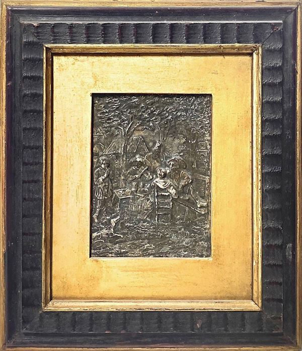 Placca in argento raffigurante scena conviviale. XIX secolo. Cm 14x11. In cornice cm 30x26,5.