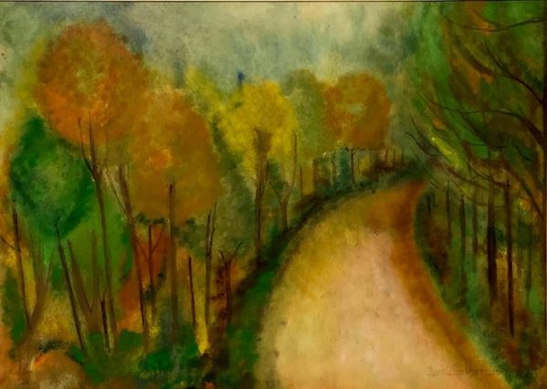 Gouache su cartoncino sentiero, Donatella Maganuco (Catania, 1944-2011), cm 84x49 in cornice cm 54x69