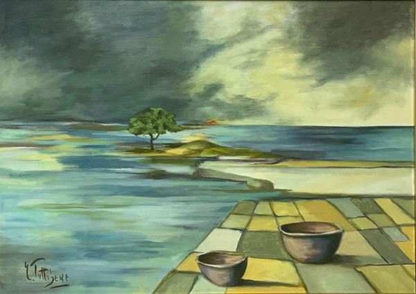 Olio su tela raffigurante “Le ciotole” . Cm 50x70 in cornice cm 70x90. Firmato in basso a sinistra Emilia Tuttobene 