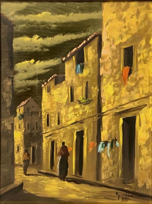 Olio su ottone raffigurante paesaggio “Scorcio di case”  firmato e datato in basso a destra Giambeti ’80. Cm 45x33 in cornice cm 70x57