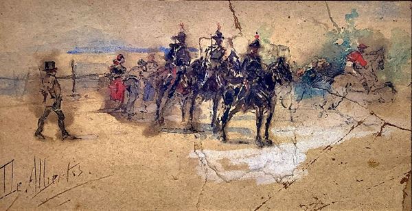 Sebastiano De Albertis - Acquarello su carta raffiguranti carabinieri a cavallo e personaggi. Firmato in basso a sinistra De Albertis Sebastiano (Milano, 1828 – Milano, 1897). Cm 6,5x12,5. In bella cornice in legno dorato 23x27. 
Pittore, frequentatore dell’Accademia di Brera, il cui repertorio è di genere militare-patriottico, di forte valenza civile. È presente al Museo Storico dell’Arma dei Carabinieri con il famoso dipinto “La Carica di Pastrengo” (1848).
        
