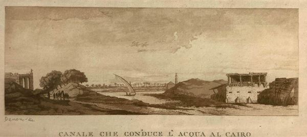 Incisione a seppia in bella cornice in legno di noce tratte dal Viaggio nel basso ed alto Egitto. Illustrato dal. Denon. Firenze,Giuseppe Tofani edizioni, 1808, raffigurante la Tav:14 canale che conduce l’acqua al cairo 300 x 460 mm (120 x 272 mm senza cornice).Vivant Dominique Denon (Chalon-sur-Saône 1747- Paris 1825)
Fu alla corte di Luigi XV dove ebbe diversi incarichi ufficiali per catalogazione e conservazione di beni artistici.
Seguì l’ambasciatore di Francia, il conte Clermont D’Amboise