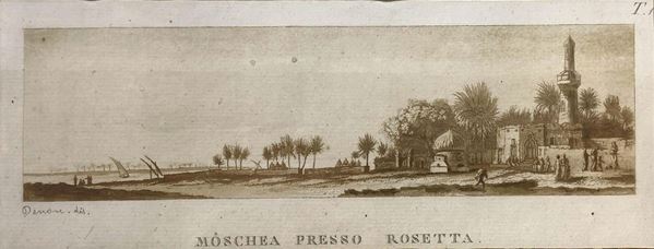 Incisione a seppia in bella cornice in legno di noce tratte dal Viaggio nel basso ed alto Egitto. Illustrato dal. Denon. Firenze,Giuseppe Tofani edizioni, 1808, raffigurante la Tav:14  Moschea presso Rosetta. 290x470mm .Vivant Dominique Denon (Chalon-sur-Saône 1747- Paris 1825)
Fu alla corte di Luigi XV dove ebbe diversi incarichi ufficiali per catalogazione e conservazione di beni artistici.
Seguì l’ambasciatore di Francia, il conte Clermont D’Amboise, a Napoli e qui eseguì parte delle illust