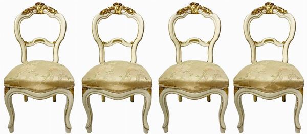  N. 4 chairs in shades of beije and gold leaf, Louis Philippe, nineteenth century, coming from noble Sicilian family. H 95x45x45 cm