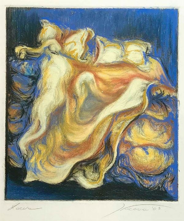 Painting of larva Milena Nicosia (1974, Victory). 24,5x21 cm, mixed media etchings and pastels. Signed and dated 2001 lower.
