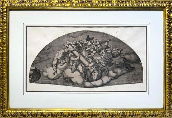 Incisione del XVII secolo raffigurante figure mitologiche, frammento. Cm 26x49.
