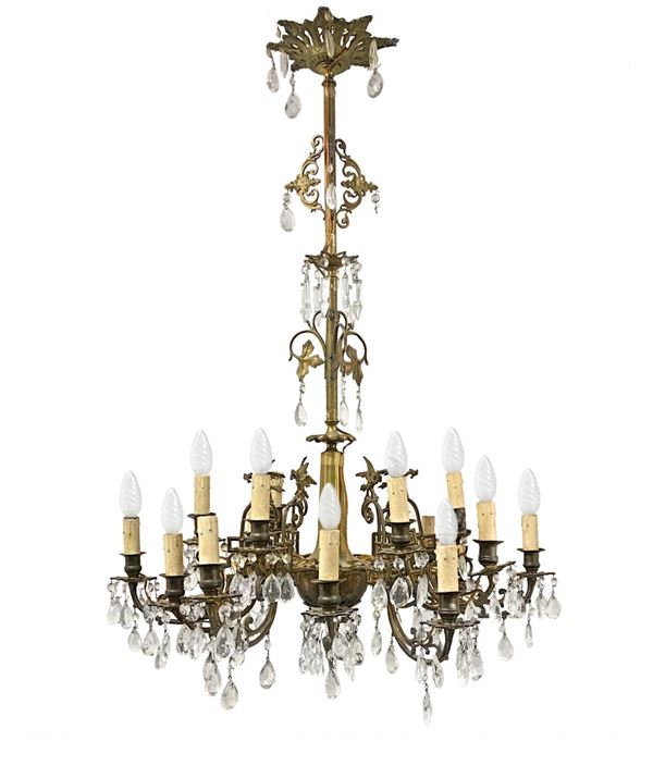 18-light brass chandelier with ground glass toasts