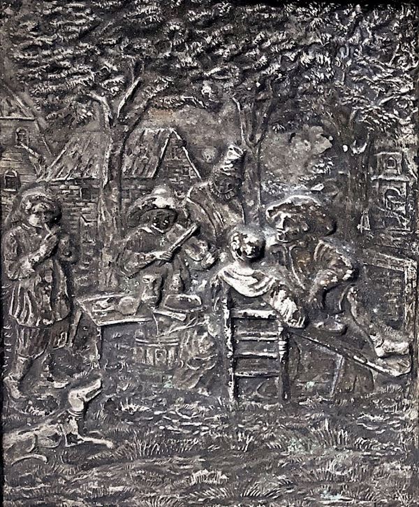 Silver Plaque depicting convivial scene, nineteenth century. Cm 14x11. In frame 30x26,5 cm.
