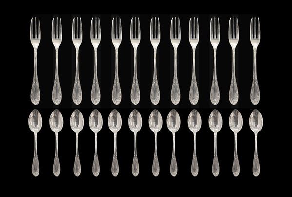 Silver cutlery set, Empire style, consisting of 12 Cake forks (290 g) and 12 coffee spoons (150 gr)