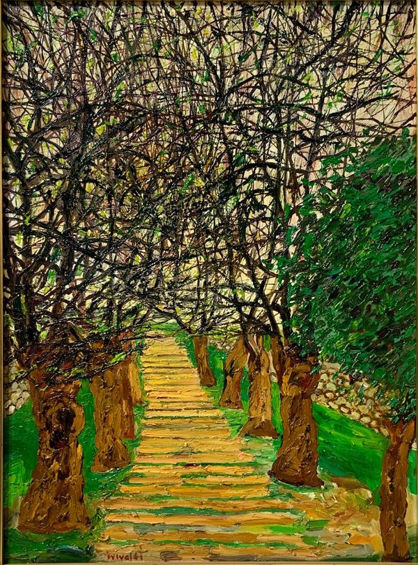 Italo Vivaldi - Oil painting on canvas signed Italo Vivaldi, depicting the path with trees. Cm 82x70