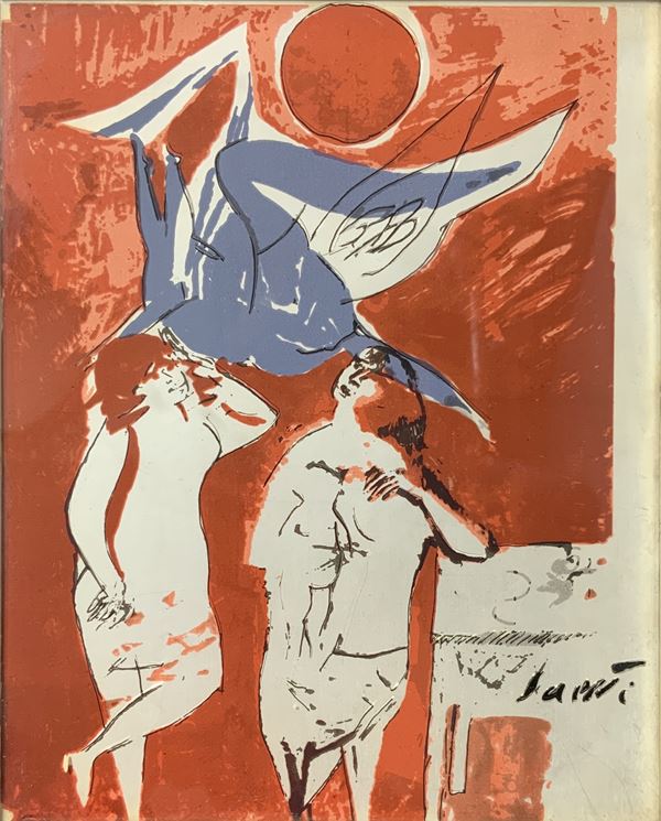Bruno Saetti - Lithography on silver foil, Bruno Saetti depicting "Interview with Angel" (1902-1984). N 194/300. 26x21 cm, in frame 41x36