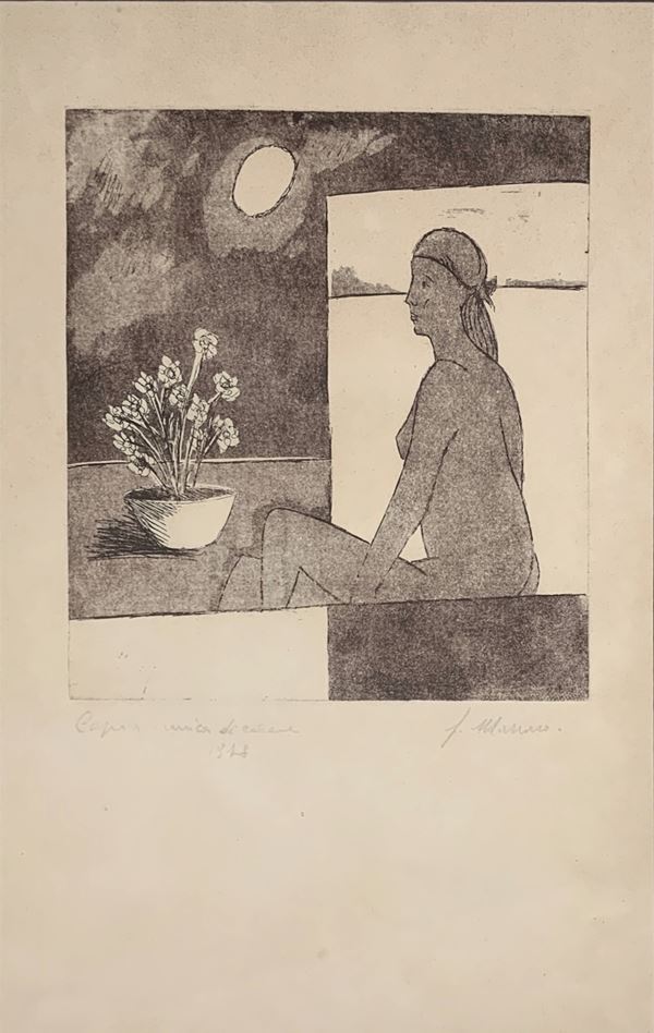 Marino, Lithograph depicting colored woman in the moonlight. Signed and dated S.Marino 67. 77x37 cm, in frame 73x53 cm