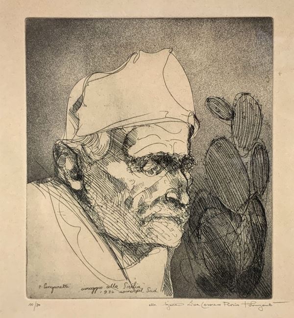 Trento Longaretti - Longaretti T., Lithograph on paper depicting Sicilian face, signed T. Longaretti, 1974. Cm 50x35.