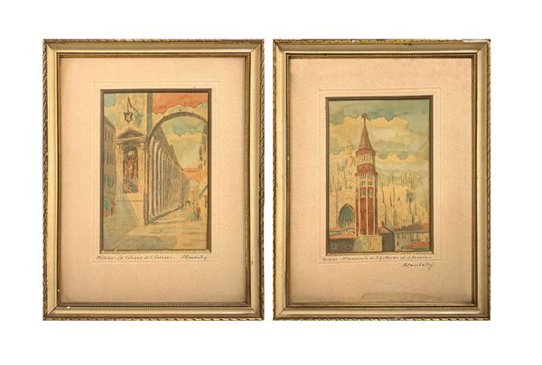 Ludovico Lambertini - Pair of Ludovico Lambertini small watercolors depicting the belltower of Saint Gottardo and the cathedral, and the columns of Saint Lorenzo. 15x10 cm, in frame 26x20 cm