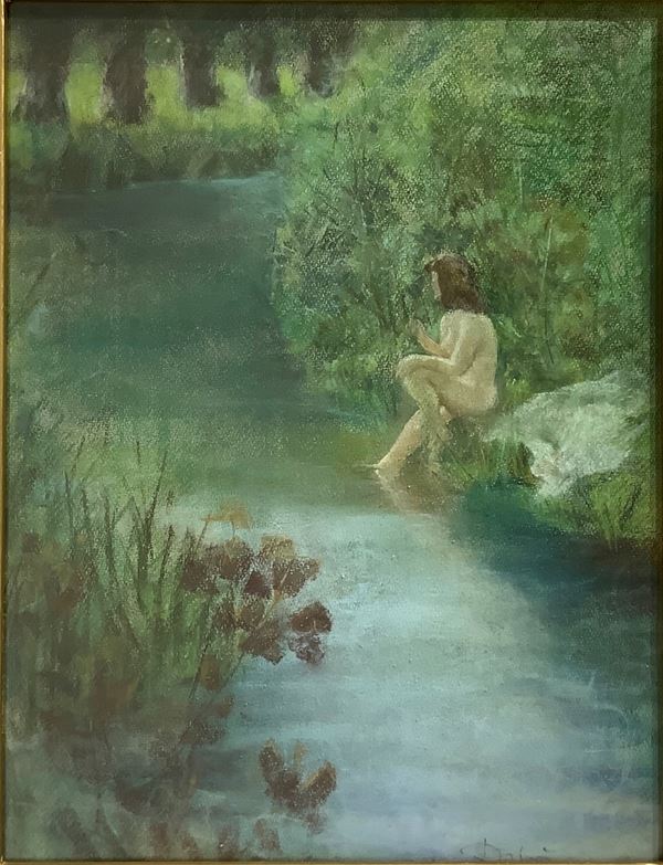 Pastel on paper depicting Seated Bather, early twentieth century. 60x46 cm, in frame 77x60 cm