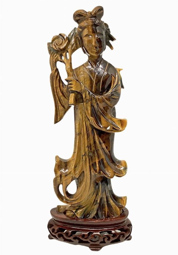 Statuette Guanin in tiger eye. H overall 18 cm, width 7 cm
