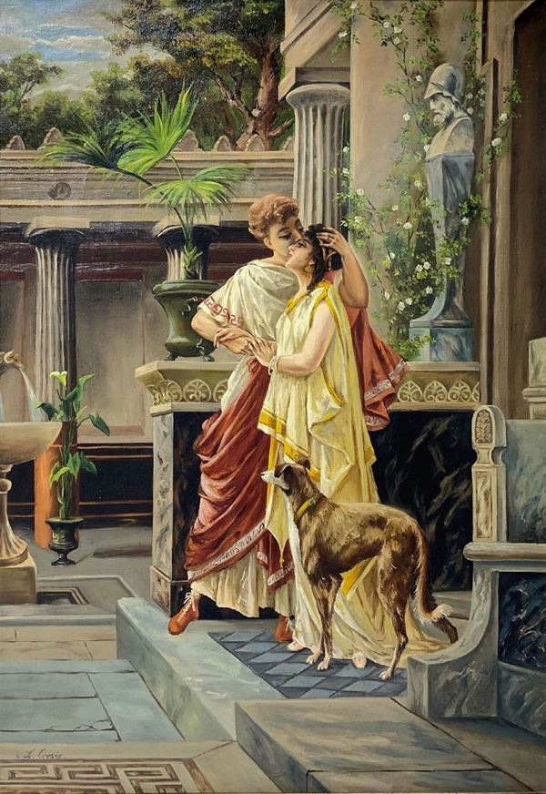 Giovani amanti con levriero in vesti pompeiane
