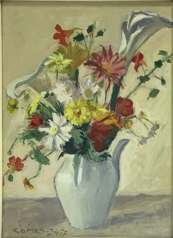 Dipinto ad olio su tela, raffigurante vaso con fiori, firmato in basso a sinistra Comes e datato 2/04/77. Carmelo Comes (Catania 1905-1988). Cm 50x40, in cornice 67x57
