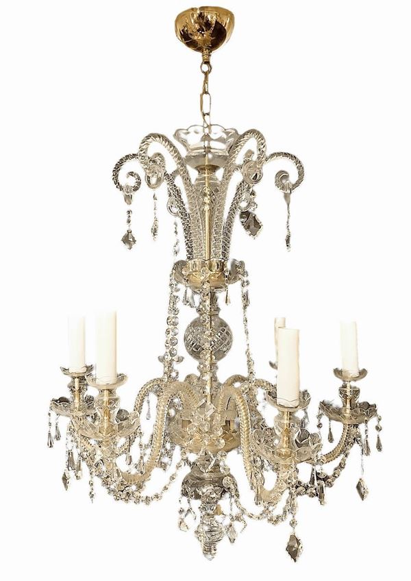 Chandelier with six lights ground glass, the structures and details of brass and gild pendalogues chain.