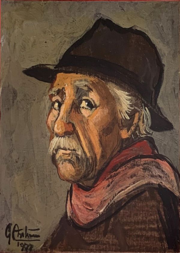 Oil painting on panel depicting a man's face with hat, signed on the lower left and dated 1978. Gianfranco Antoni 20x15 cm, in frame 35x30 cm




