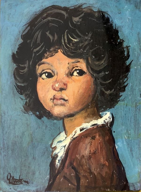 Oil painting on panel depicting a baby face, signed on the lower left Gianfranco Antoni. 20x15 cm, in frame 35x30 cm