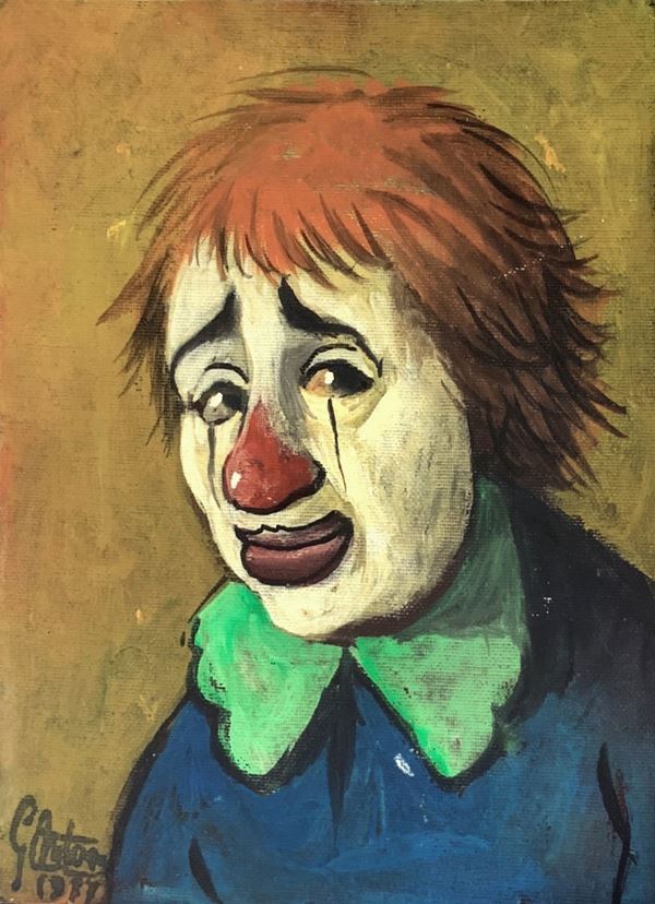 Oil painting on panel depicting a clown face, signed on the lower left Gianfranco Antonie dated 1977. 20x15 cm, in frame 35x30 cm