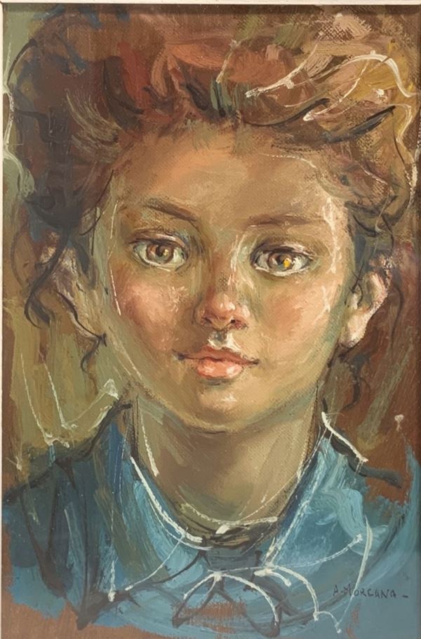 Oil painting on canvas depicting a young face. signed on the lower right Adalberto Morgana. 30x20 cm, in frame 45x35 cm