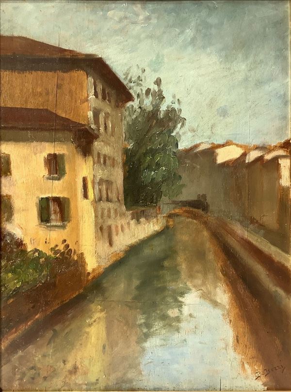 Oil painting on canvas, signed on the lower right B. Bezzi depicting ships with houses. 62x40 cm, in frame 75x52 cm