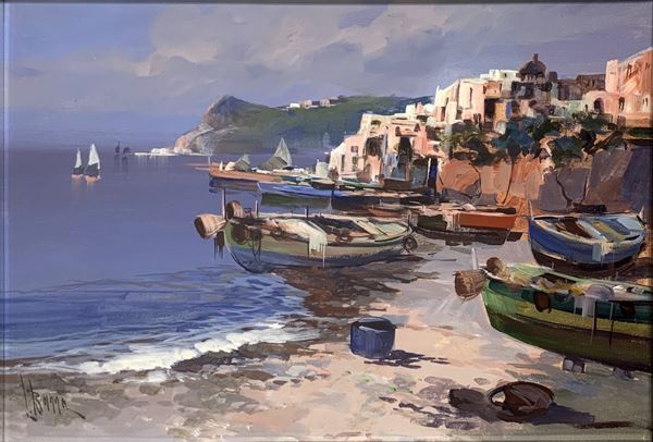 Lelio Barra - Oil painting on canvas depicting seascape. signed on the lower left bar. 40x60 cm, in frame 62x82 cm