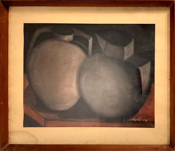 Pastel on paper depicting still life of vases. signed on the lower right G. Mead 67. 50x70 cm, in frame 70x90 cm