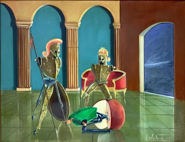Oil painting on canvas depicting the metaphysical painter forgiveness of Menelaus and Helen, forgiveness, signed the G. Green. Cm 83x62, 103x84 cm in corncice