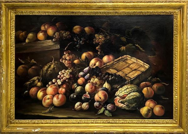 Olio su tela raffigurante natura morta con frutta, XIX secolo. Cm 70x100. In cornice cm 90x115.