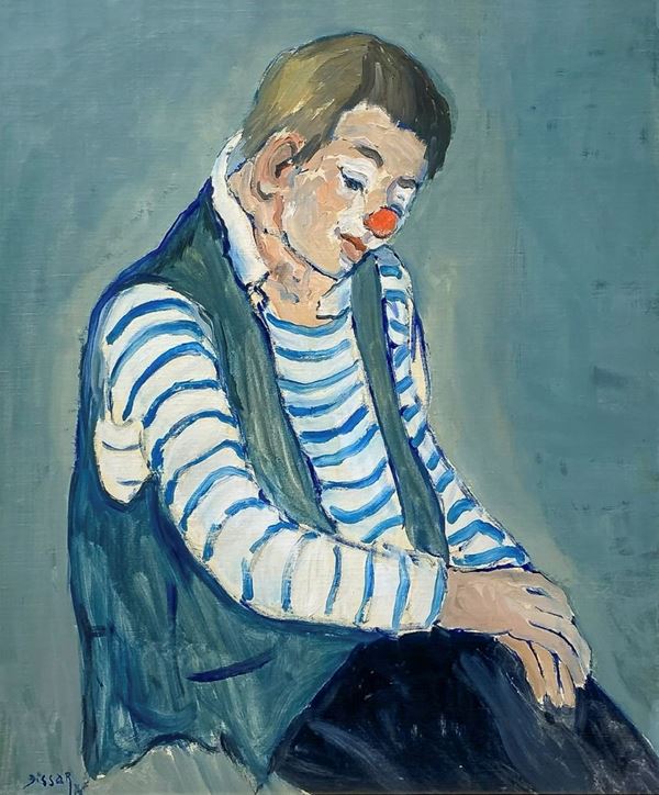 Max Dissar (1908-1993), dipinto ad olio su tela raffigurante Clown F. Fratellini, firmato Max Dissar. Cm 60x50, in cornice cm 81x71