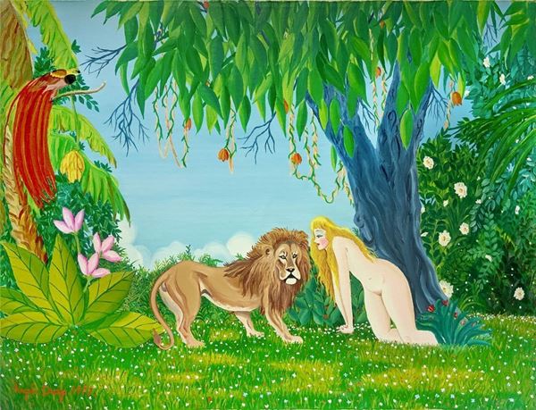 Dipinto ad olio su tela raff. Scena esotica di nudo di donna con leone, Drago Angelo (Ct 1930/Ct 2020), cm 50x70, firmato e datato in basso a sinistra 1972