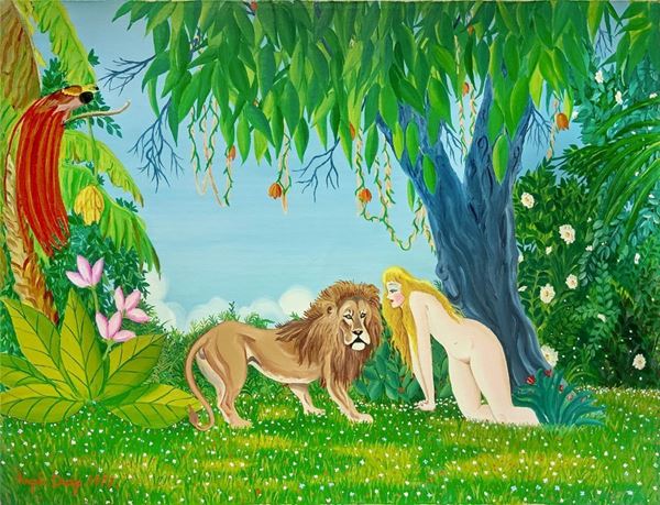 Oil paintinging on canvas depicting nude woman exotic scene with lion, dragon Angelo (Ct 1930 / Ct 2020), 50x70 cm, signed and dated lower left corner 1972