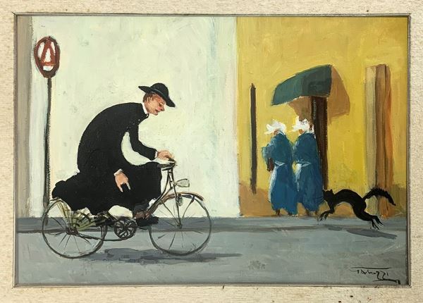 Dipinto ad olio su tela raffigurante prete in bicicletta, firmato Luciano Gaiozzi (1934-1996). Cm 35x50. In cornice cm 57x72        200