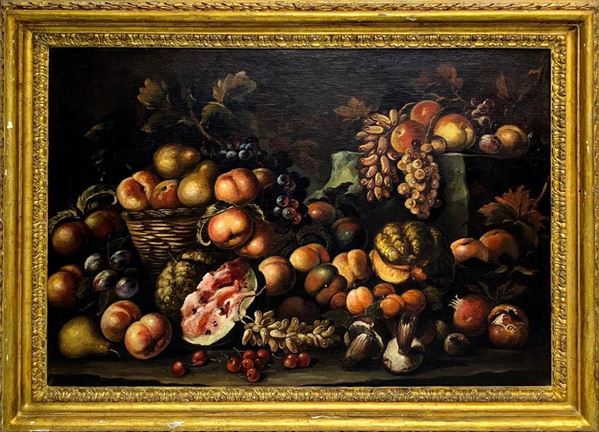 Olio su tela raffigurante natura morta con frutta, XIX secolo. Cm 70x100. In cornice cm 90x115.